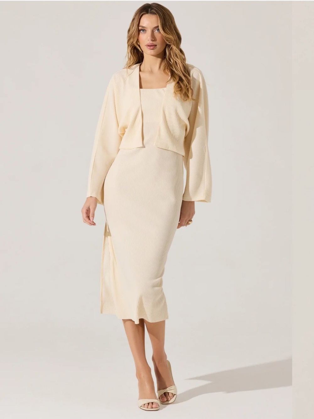 Cream Ribbed Knit Midi Dress with Matching Cardigan